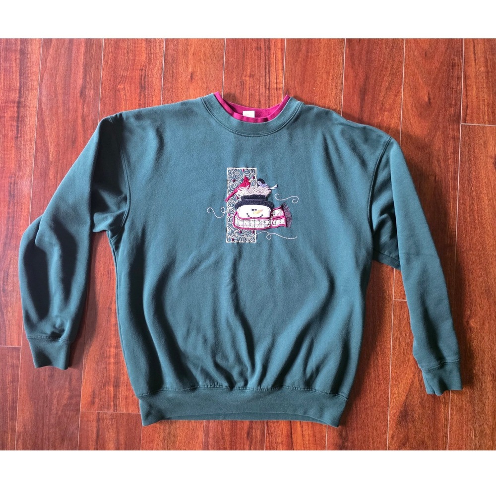 Vintage Style Snowman Christmas Sweatshirt Green Embroidered XL Grandma Style